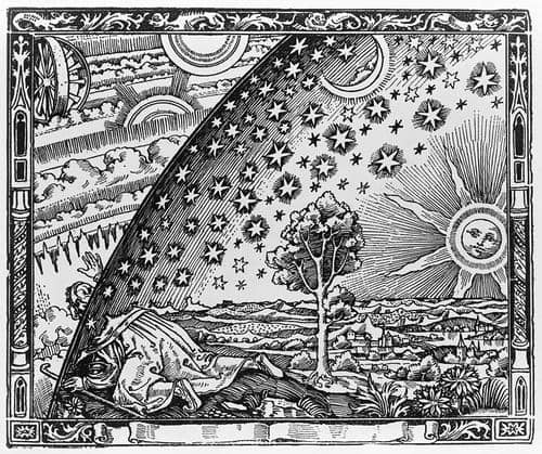 Gemälde von Camille Flammarion mit dem Titel L'Atmosphere: Météorologie Populaire. Ein Mann schaut über die Grenzen der bestehenden Welt hinüber und sieht eine weitere Welt. Transformoon hilft dir dabei, die eigenen konstruierten Grenzen zu sprengen. Verbindung von Makrokosmos und Mikrokosmus.