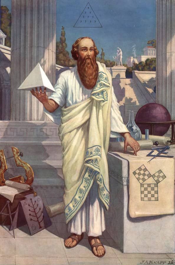 Gemäde von Pythagoras mit einer Pyramide in der Hand und Symbolen der Numerologie. Gemälde von Augustus Knapp.